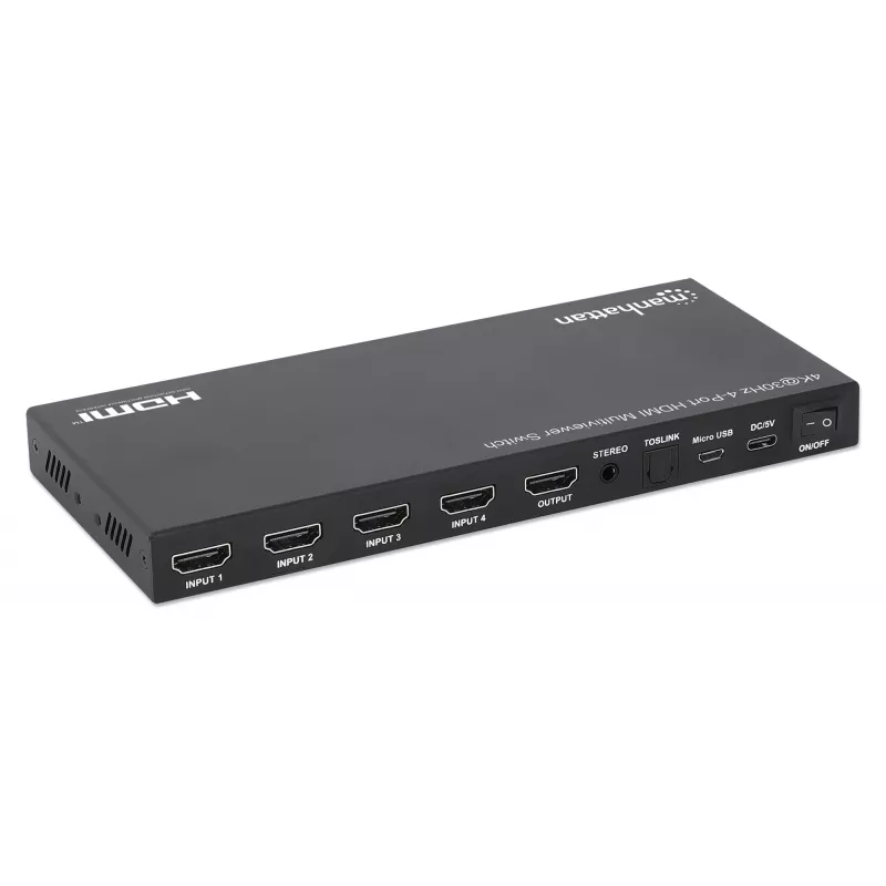 Manhattan Conmutador multivisor HDMI de 4 puertos 4K, switch con cuatro entradas en una pantalla, 4K@30Hz, múltiples opciones de visualización incluyendo imagen en imagen y pantalla dual/cuádruple, botones o mando a distancia, audio de 3,5 mm y Toslink, Negro, 3 años de garantía