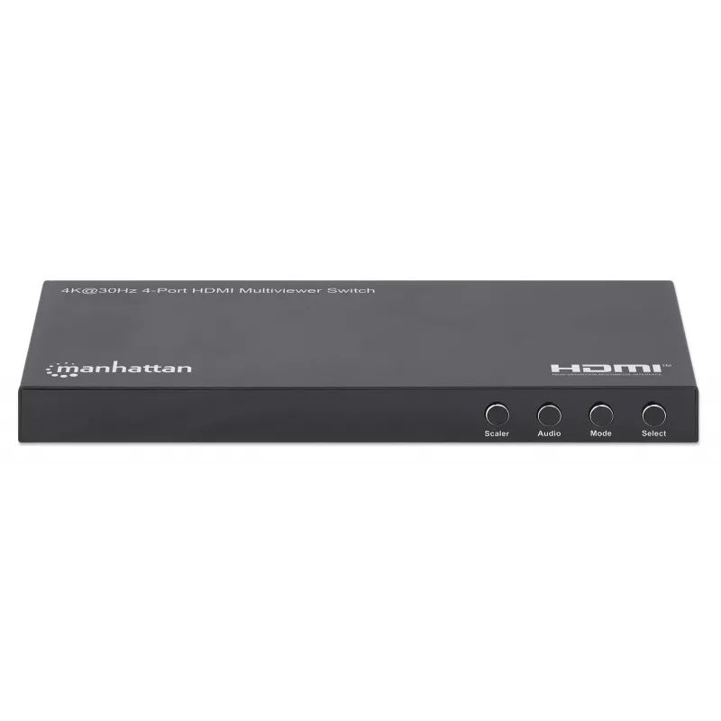 Manhattan Conmutador multivisor HDMI de 4 puertos 4K, switch con cuatro entradas en una pantalla, 4K@30Hz, múltiples opciones de visualización incluyendo imagen en imagen y pantalla dual/cuádruple, botones o mando a distancia, audio de 3,5 mm y Toslink, Negro, 3 años de garantía