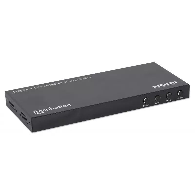 Manhattan Conmutador multivisor HDMI de 4 puertos 4K, switch con cuatro entradas en una pantalla, 4K@30Hz, múltiples opciones de visualización incluyendo imagen en imagen y pantalla dual/cuádruple, botones o mando a distancia, audio de 3,5 mm y Toslink, Negro, 3 años de garantía