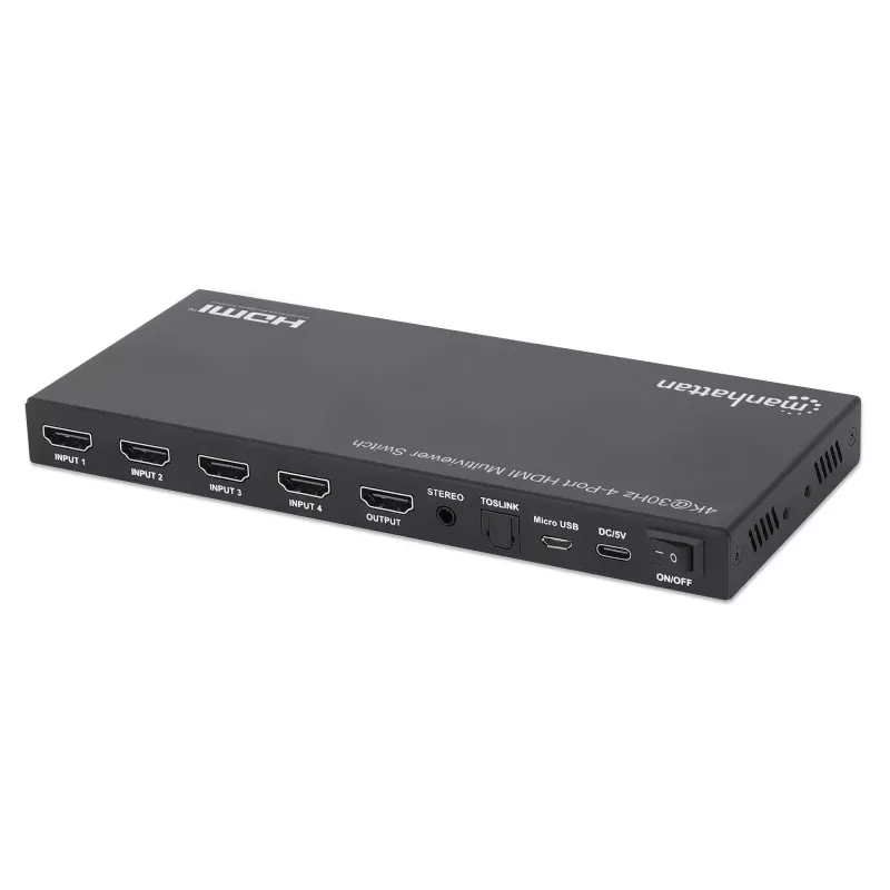 Manhattan Conmutador multivisor HDMI de 4 puertos 4K, switch con cuatro entradas en una pantalla, 4K@30Hz, múltiples opciones de visualización incluyendo imagen en imagen y pantalla dual/cuádruple, botones o mando a distancia, audio de 3,5 mm y Toslink, Negro, 3 años de garantía