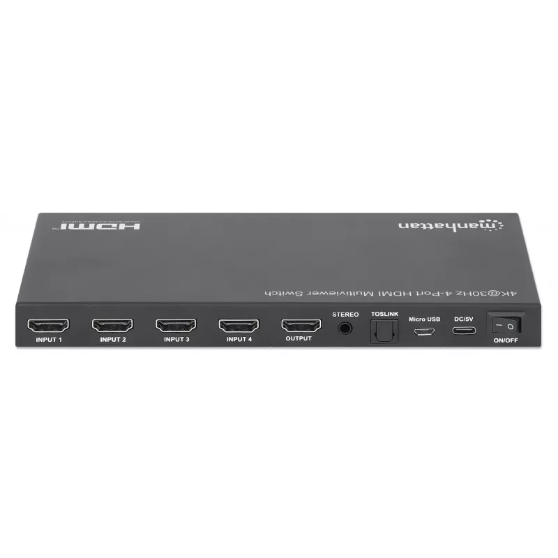 Manhattan Conmutador multivisor HDMI de 4 puertos 4K, switch con cuatro entradas en una pantalla, 4K@30Hz, múltiples opciones de visualización incluyendo imagen en imagen y pantalla dual/cuádruple, botones o mando a distancia, audio de 3,5 mm y Toslink, Negro, 3 años de garantía