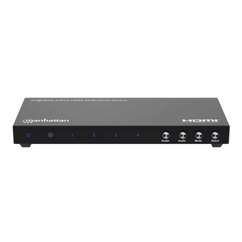 Manhattan Conmutador multivisor HDMI de 4 puertos 4K, switch con cuatro entradas en una pantalla, 4K@30Hz, múltiples opciones de visualización incluyendo imagen en imagen y pantalla dual/cuádruple, botones o mando a distancia, audio de 3,5 mm y Toslink, Negro, 3 años de garantía