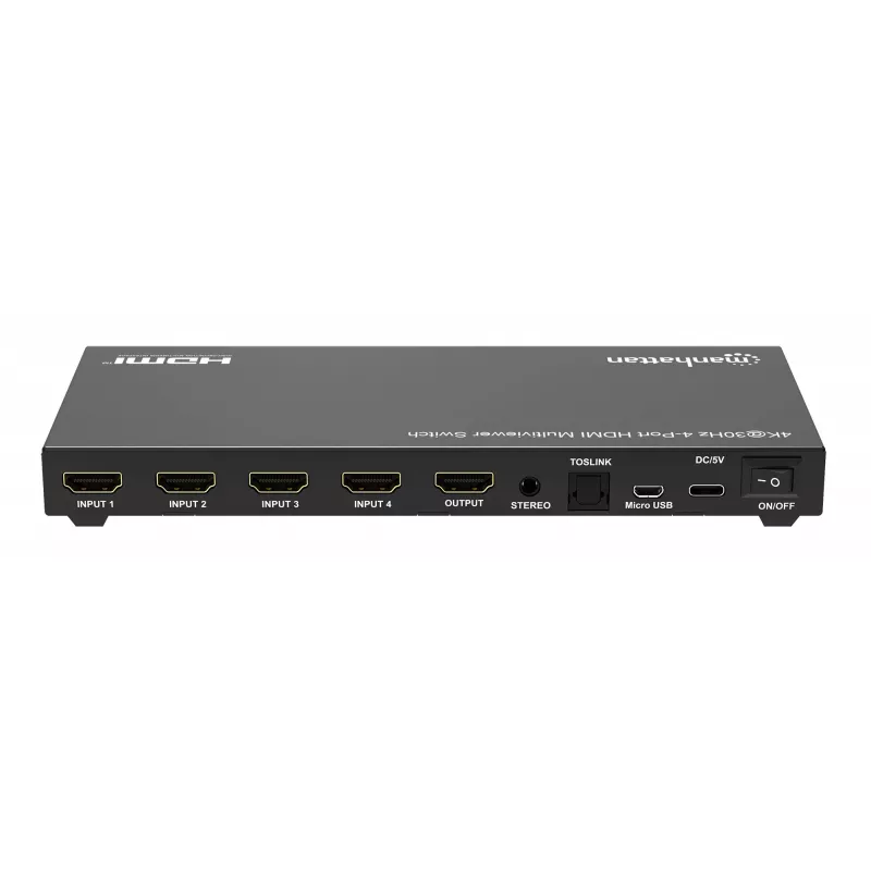 Manhattan Conmutador multivisor HDMI de 4 puertos 4K, switch con cuatro entradas en una pantalla, 4K@30Hz, múltiples opciones de visualización incluyendo imagen en imagen y pantalla dual/cuádruple, botones o mando a distancia, audio de 3,5 mm y Toslink, Negro, 3 años de garantía
