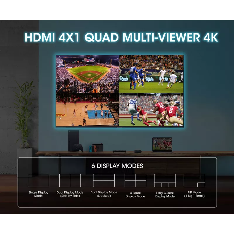 Manhattan Conmutador multivisor HDMI de 4 puertos 4K, switch con cuatro entradas en una pantalla, 4K@30Hz, múltiples opciones de visualización incluyendo imagen en imagen y pantalla dual/cuádruple, botones o mando a distancia, audio de 3,5 mm y Toslink, Negro, 3 años de garantía