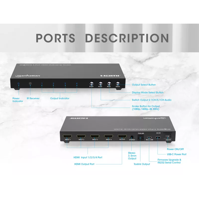 Manhattan Conmutador multivisor HDMI de 4 puertos 4K, switch con cuatro entradas en una pantalla, 4K@30Hz, múltiples opciones de visualización incluyendo imagen en imagen y pantalla dual/cuádruple, botones o mando a distancia, audio de 3,5 mm y Toslink, Negro, 3 años de garantía