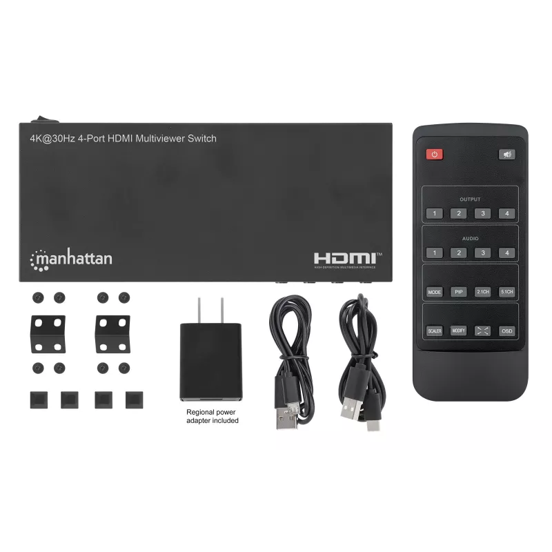 Manhattan Conmutador multivisor HDMI de 4 puertos 4K, switch con cuatro entradas en una pantalla, 4K@30Hz, múltiples opciones de visualización incluyendo imagen en imagen y pantalla dual/cuádruple, botones o mando a distancia, audio de 3,5 mm y Toslink, Negro, 3 años de garantía