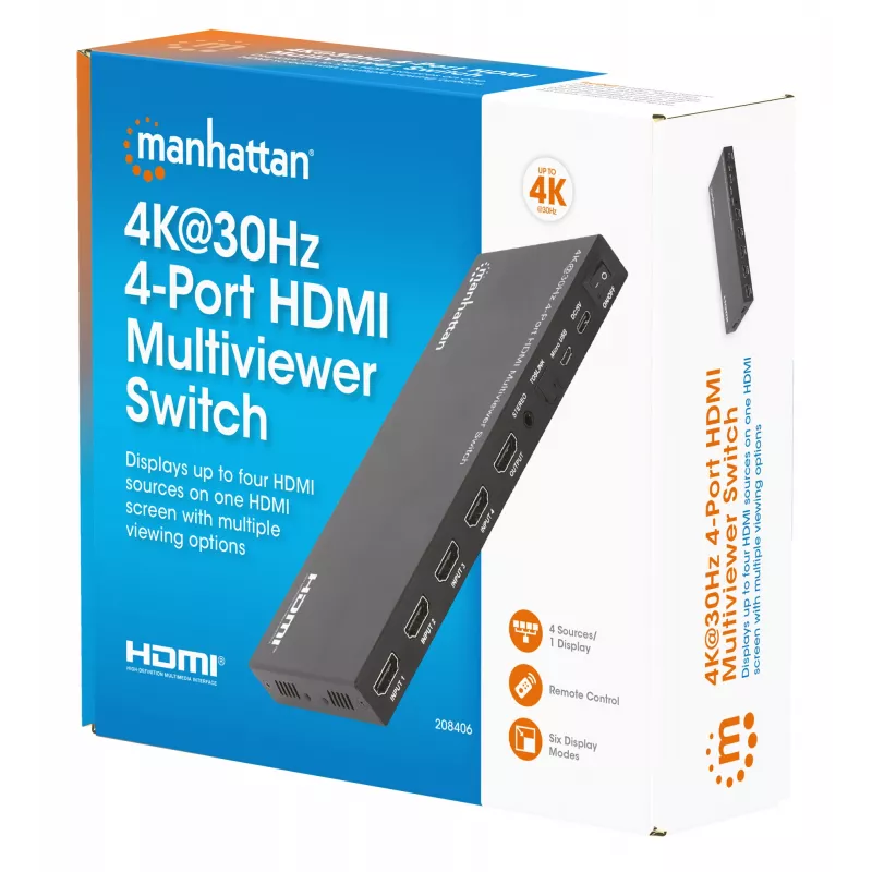 Manhattan Conmutador multivisor HDMI de 4 puertos 4K, switch con cuatro entradas en una pantalla, 4K@30Hz, múltiples opciones de visualización incluyendo imagen en imagen y pantalla dual/cuádruple, botones o mando a distancia, audio de 3,5 mm y Toslink, Negro, 3 años de garantía