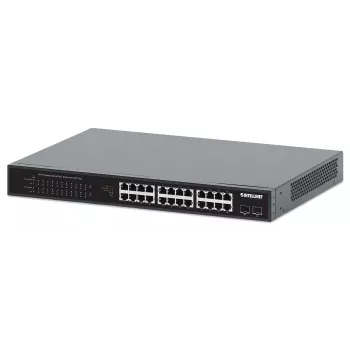Intellinet Switch Gigabit Ethernet PoE+ de 24 puertos con 2 puertos SFP conforme a IEEE 802.3at/af (PoE+/PoE), presupuesto de potencia PoE de 370 W, dos ranuras SFP 1G abiertas, montaje en rack de 19 pulgadas