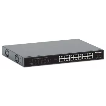 Intellinet Switch Gigabit Ethernet PoE+ de 24 puertos con 2 puertos SFP conforme a IEEE 802.3at/af (PoE+/PoE), presupuesto de potencia PoE de 370 W, dos ranuras SFP 1G abiertas, montaje en rack de 19 pulgadas