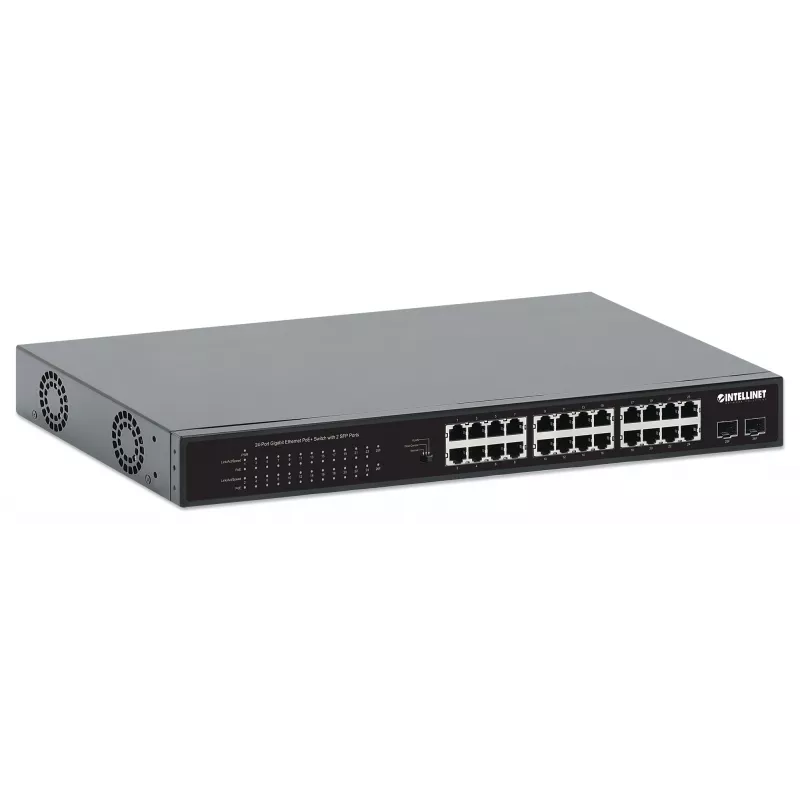 Intellinet Switch Gigabit Ethernet PoE+ de 24 puertos con 2 puertos SFP conforme a IEEE 802.3at/af (PoE+/PoE), presupuesto de potencia PoE de 370 W, dos ranuras SFP 1G abiertas, montaje en rack de 19 pulgadas