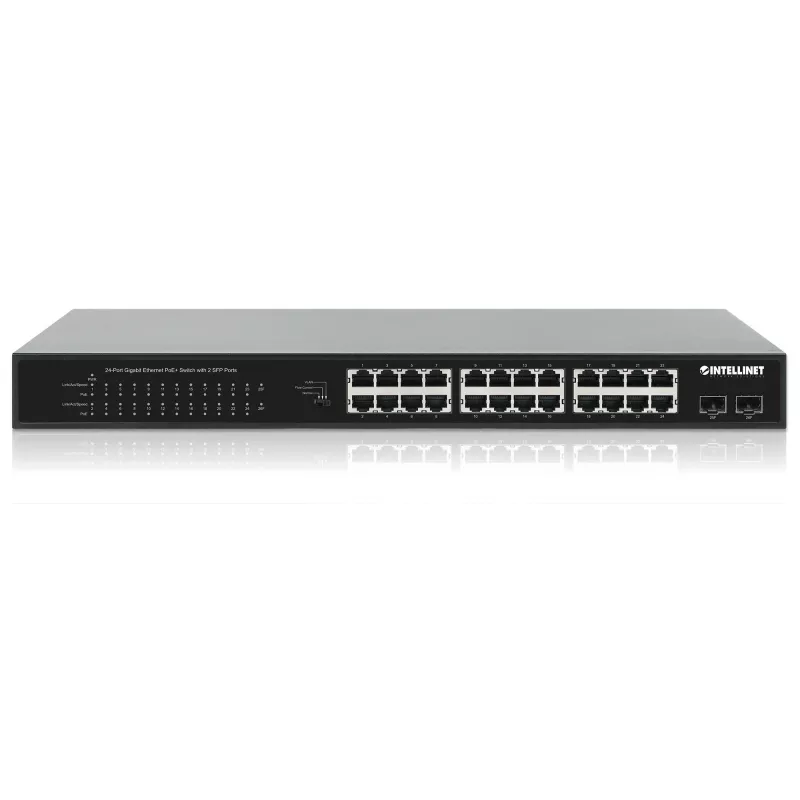 Intellinet Switch Gigabit Ethernet PoE+ de 24 puertos con 2 puertos SFP conforme a IEEE 802.3at/af (PoE+/PoE), presupuesto de potencia PoE de 370 W, dos ranuras SFP 1G abiertas, montaje en rack de 19 pulgadas