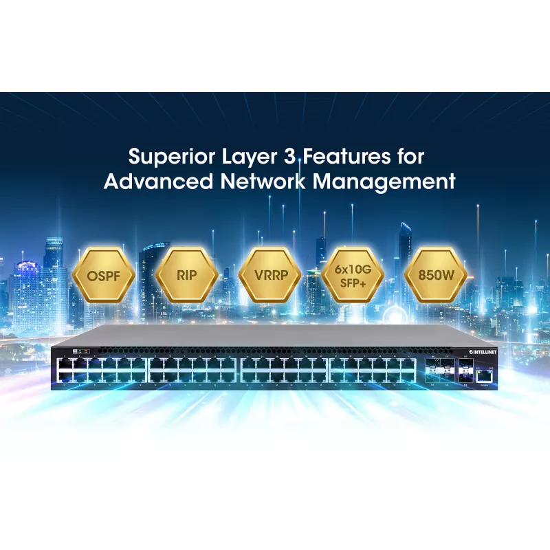 Intellinet Switch PoE+ L3 Fully Managed de 54 puertos con 48 puertos Gigabit Ethernet y 6 uplinks SFP+