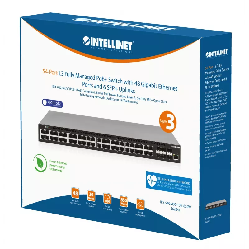 Intellinet Switch PoE+ L3 Fully Managed de 54 puertos con 48 puertos Gigabit Ethernet y 6 uplinks SFP+