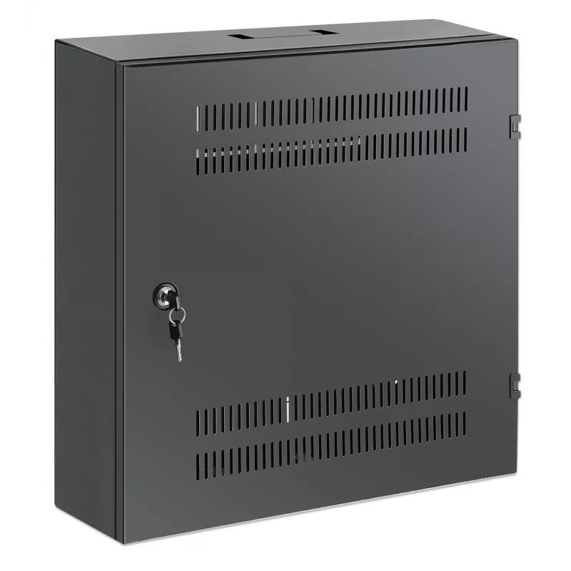 Intellinet Armario de montaje en pared de 19 pulgadas Low-Profile con 4U de raíles horizontales y 2U verticales, carcasa delgada y que ahorra espacio con solo 170 mm de profundidad, ideal para aplicaciones AV, multimedia y de vigilancia, montado, Negro RAL 7021
