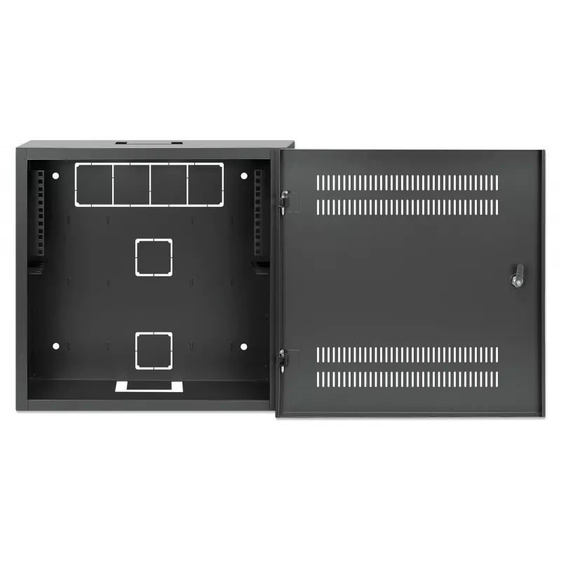 Intellinet Armario de montaje en pared de 19 pulgadas Low-Profile con 4U de raíles horizontales y 2U verticales, carcasa delgada y que ahorra espacio con solo 170 mm de profundidad, ideal para aplicaciones AV, multimedia y de vigilancia, montado, Negro RAL 7021
