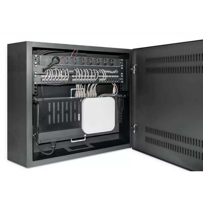 Intellinet Armario de montaje en pared de 19 pulgadas Low-Profile con 4U de raíles horizontales y 2U verticales, carcasa delgada y que ahorra espacio con solo 170 mm de profundidad, ideal para aplicaciones AV, multimedia y de vigilancia, montado, Negro RAL 7021