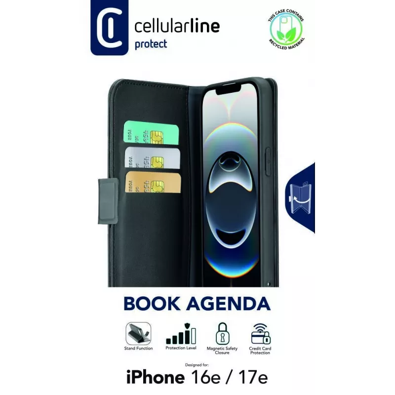 Cellularline Book Agenda - Funda tipo libro efecto piel para iPhone 16e/17e con cierre magnético