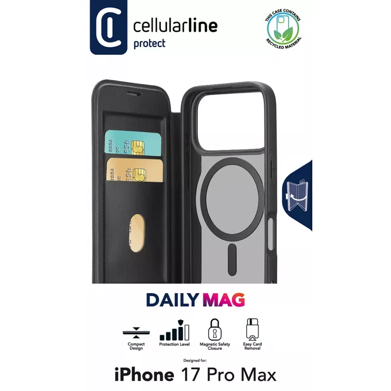 Cellularline Daily Mag - Funda tipo libro para iPhone 17 Pro Max con parte trasera rígida semitransparente compatible con el ecosistema Magsafe®