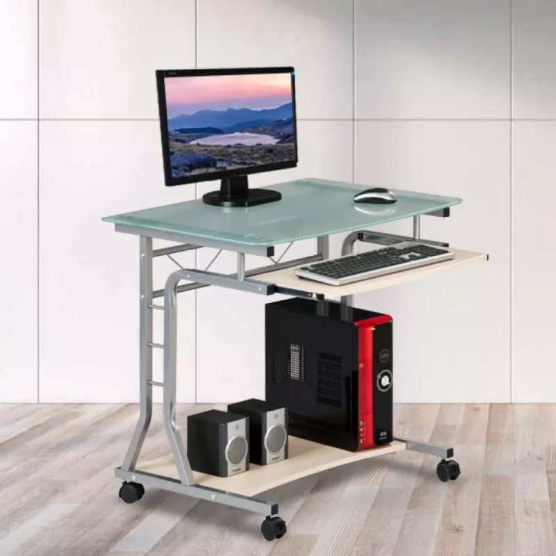 Techly Mesa de PC compacta de metal y cristal con ruedas ICA-TB 3791A