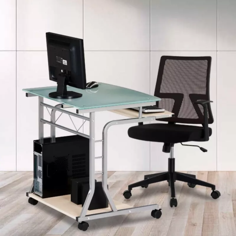 Techly Mesa de PC compacta de metal y cristal con ruedas ICA-TB 3791A