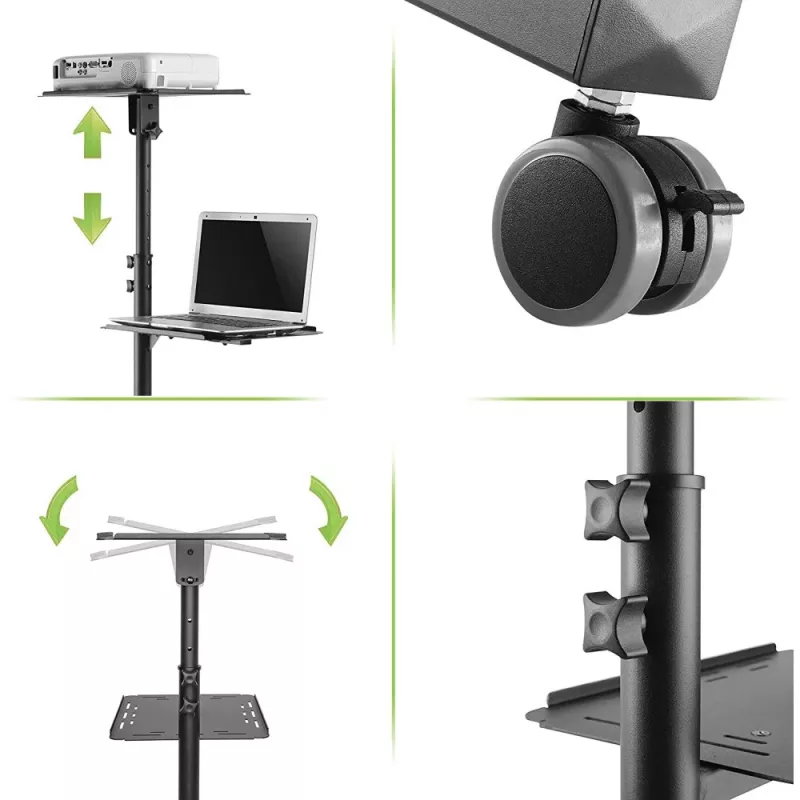 Techly ICA-TB TPM-10 carro regulable en altura para proyector y portátil con estante, negro