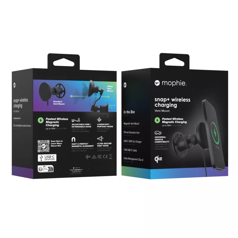 mophie Snap+ Wireless Charging Vent Smartphone Negro Mechero Carga rápida Coche