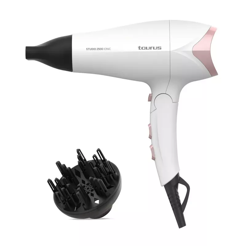 Secador de pelo Taurus STUDIO 2500 IONIC 2400 W blanco con función iónica, 3 niveles de calor, 2 velocidades, difusor y concentrador