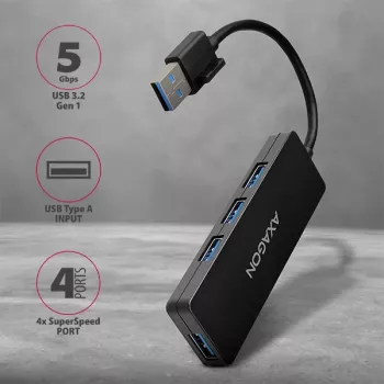 Hub USB SuperSpeed delgado Axagon, USB 3.2 Gen 1 (3.1 Gen 1) Type-A, USB 3.2 Gen 1 (3.1 Gen 1) Type-A, 5000 Mbit/s, negro, plástico, 0,14 m