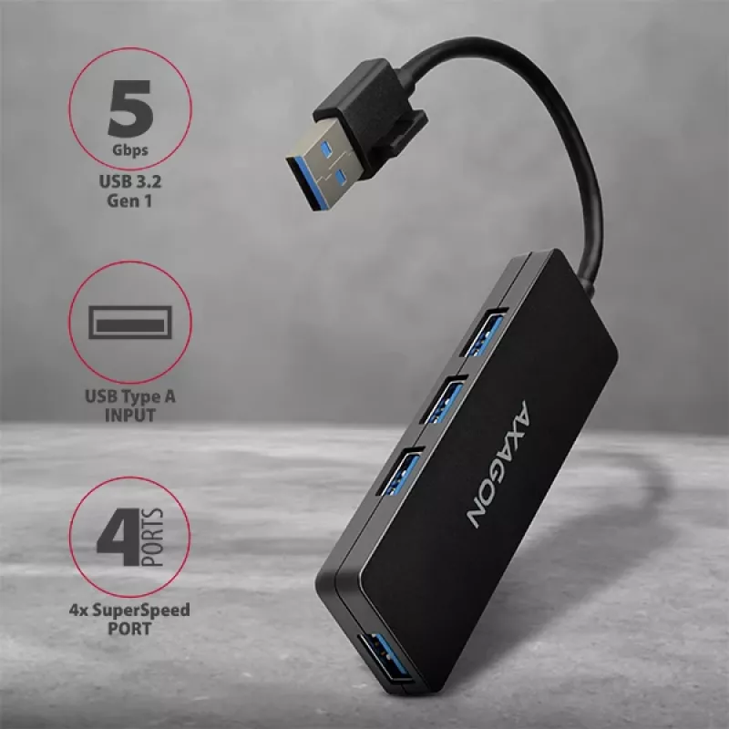 Hub USB SuperSpeed delgado Axagon, USB 3.2 Gen 1 (3.1 Gen 1) Type-A, USB 3.2 Gen 1 (3.1 Gen 1) Type-A, 5000 Mbit/s, negro, plástico, 0,14 m