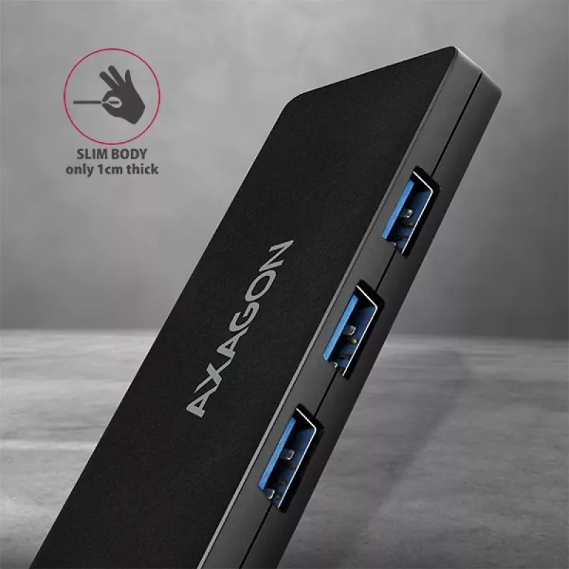 Hub USB SuperSpeed delgado Axagon, USB 3.2 Gen 1 (3.1 Gen 1) Type-A, USB 3.2 Gen 1 (3.1 Gen 1) Type-A, 5000 Mbit/s, negro, plástico, 0,14 m