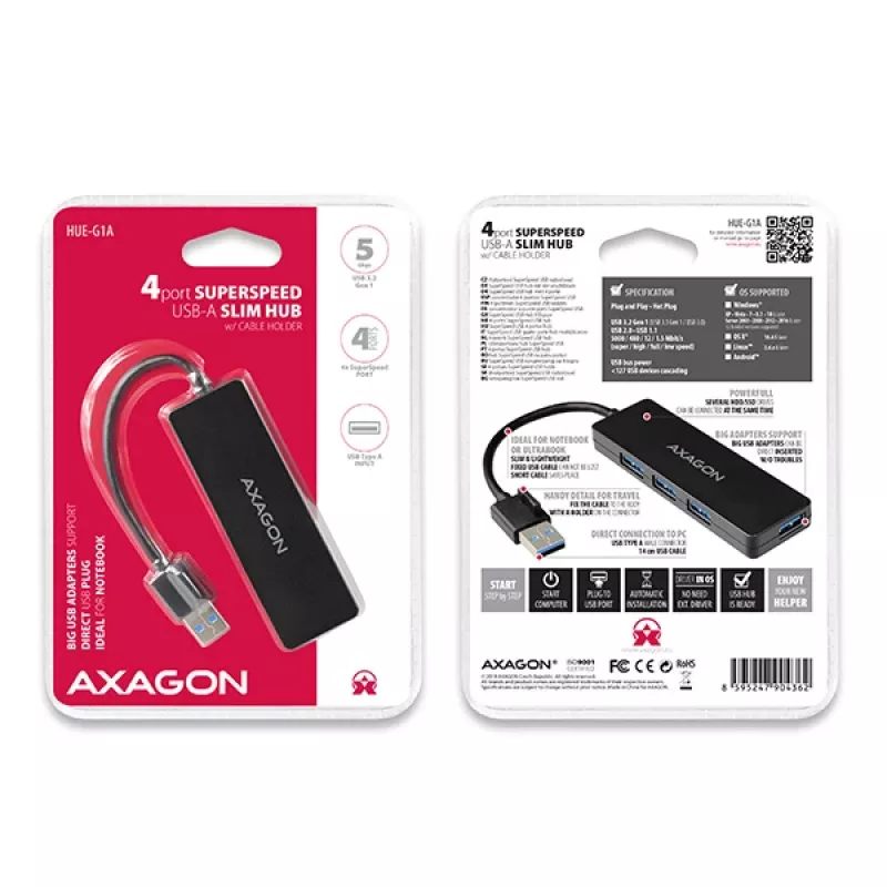 Hub USB SuperSpeed delgado Axagon, USB 3.2 Gen 1 (3.1 Gen 1) Type-A, USB 3.2 Gen 1 (3.1 Gen 1) Type-A, 5000 Mbit/s, negro, plástico, 0,14 m