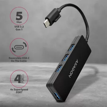 Hub USB-C SuperSpeed delgado Axagon, USB 3.2 Gen 1 (3.1 Gen 1) Type-C, USB 3.2 Gen 1 (3.1 Gen 1) Type-A, 5000 Mbit/s, negro, plástico, 0,14 m