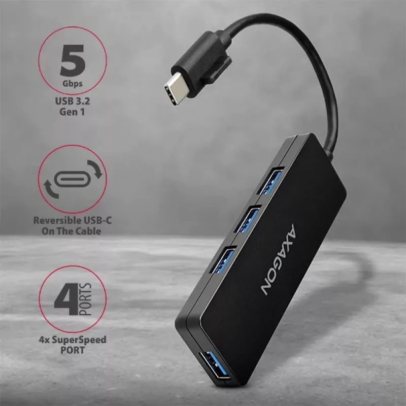 Hub USB-C SuperSpeed delgado Axagon, USB 3.2 Gen 1 (3.1 Gen 1) Type-C, USB 3.2 Gen 1 (3.1 Gen 1) Type-A, 5000 Mbit/s, negro, plástico, 0,14 m