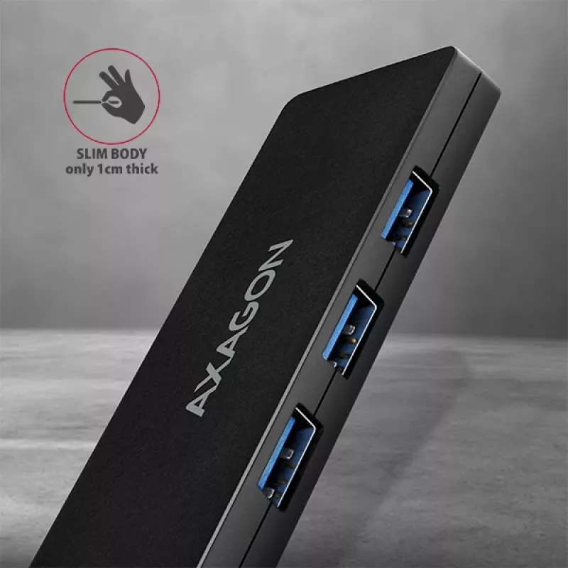 Hub USB-C SuperSpeed delgado Axagon, USB 3.2 Gen 1 (3.1 Gen 1) Type-C, USB 3.2 Gen 1 (3.1 Gen 1) Type-A, 5000 Mbit/s, negro, plástico, 0,14 m
