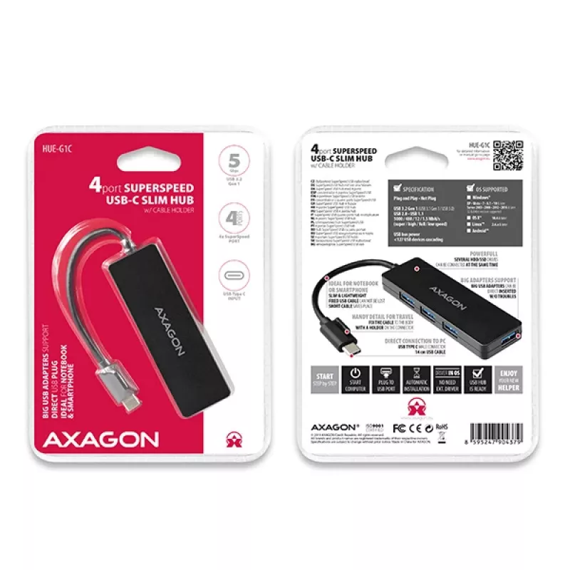 Hub USB-C SuperSpeed delgado Axagon, USB 3.2 Gen 1 (3.1 Gen 1) Type-C, USB 3.2 Gen 1 (3.1 Gen 1) Type-A, 5000 Mbit/s, negro, plástico, 0,14 m