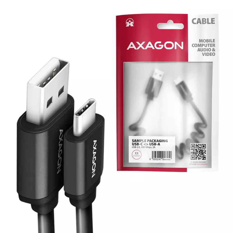 Cable de datos y carga Axagon USB 2.0 longitud 1,1 m. 3A. Negro en espiral. Cable USB USB A USB C