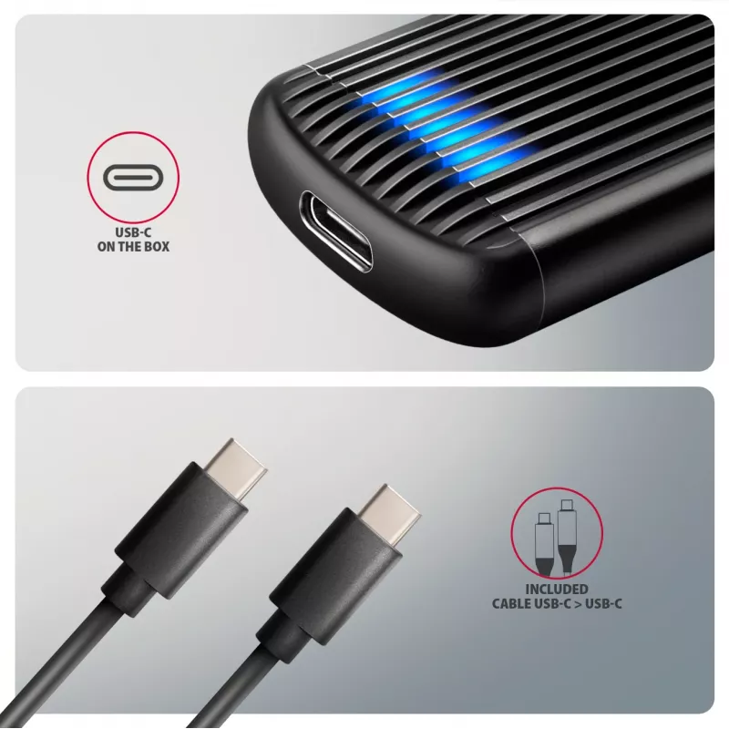 Carcasa metálica externa USB-C 10 Gbit/s sin tornillos AXAGON EEM2-SC para SSD M.2 NVMe, una bahía, gris