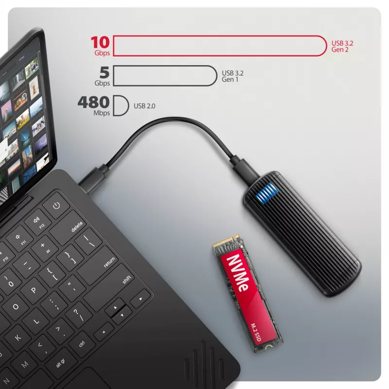 Carcasa metálica externa USB-C 10 Gbit/s sin tornillos AXAGON EEM2-SC para SSD M.2 NVMe, una bahía, gris