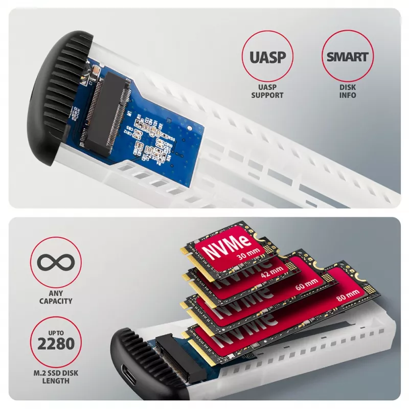 Carcasa metálica externa USB-C 10 Gbit/s sin tornillos AXAGON EEM2-SC para SSD M.2 NVMe, una bahía, gris