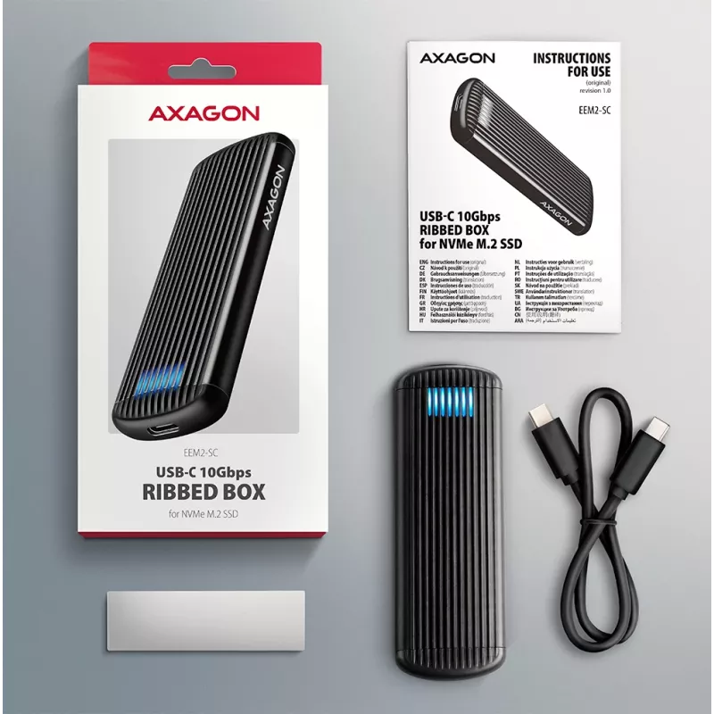 Carcasa metálica externa USB-C 10 Gbit/s sin tornillos AXAGON EEM2-SC para SSD M.2 NVMe, una bahía, gris