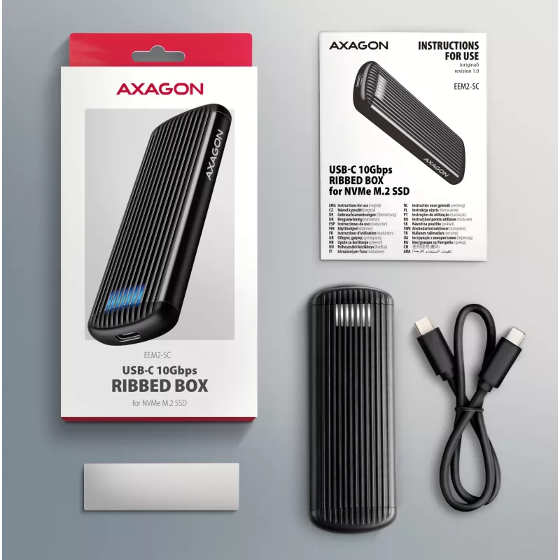 Carcasa metálica externa USB-C 10 Gbit/s sin tornillos AXAGON EEM2-SC para SSD M.2 NVMe, una bahía, gris