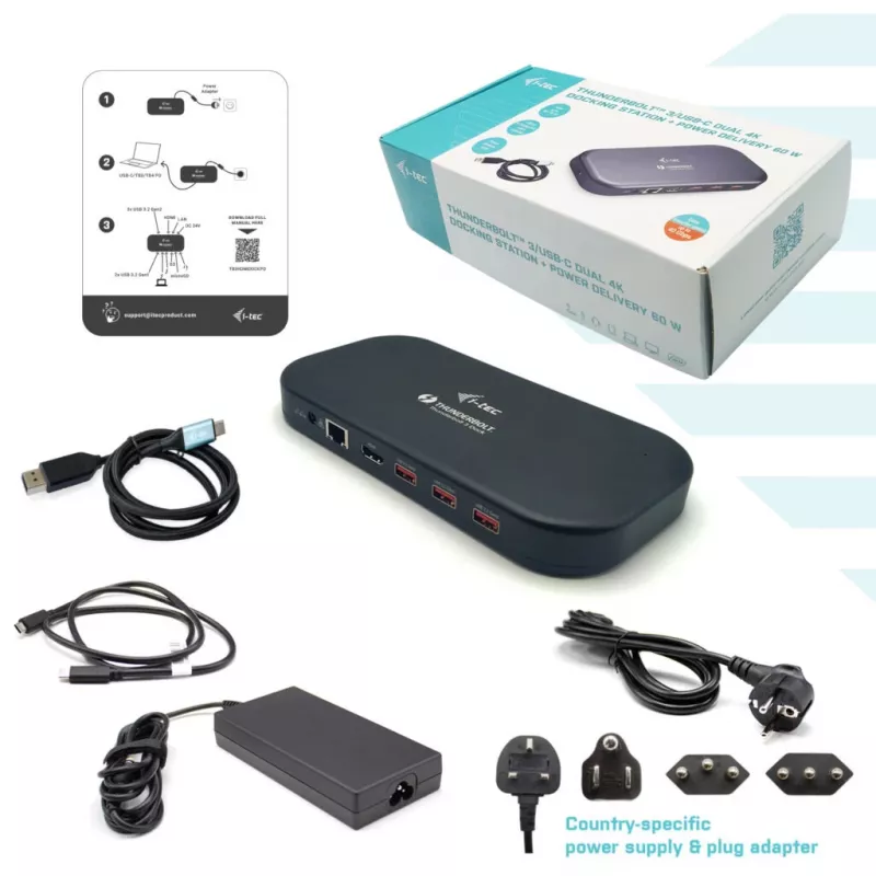i-tec Thunderbolt 3/USB-C estación de acoplamiento Dual-4K + cable USB-C a DisplayPort (1,5 m) + fuente de alimentación 60 W