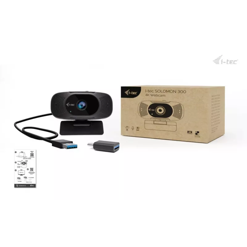 Webcam i-tec SOLOMON 300 4K, USB, 3840×2160, 8,29 MP, soporte con clip, negro