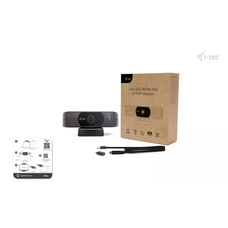 Webcam ITEC i-tec SOLOMON 500 4K PDAF — 4K Ultra HD, 3840×2160, USB, soporte con clip, negro