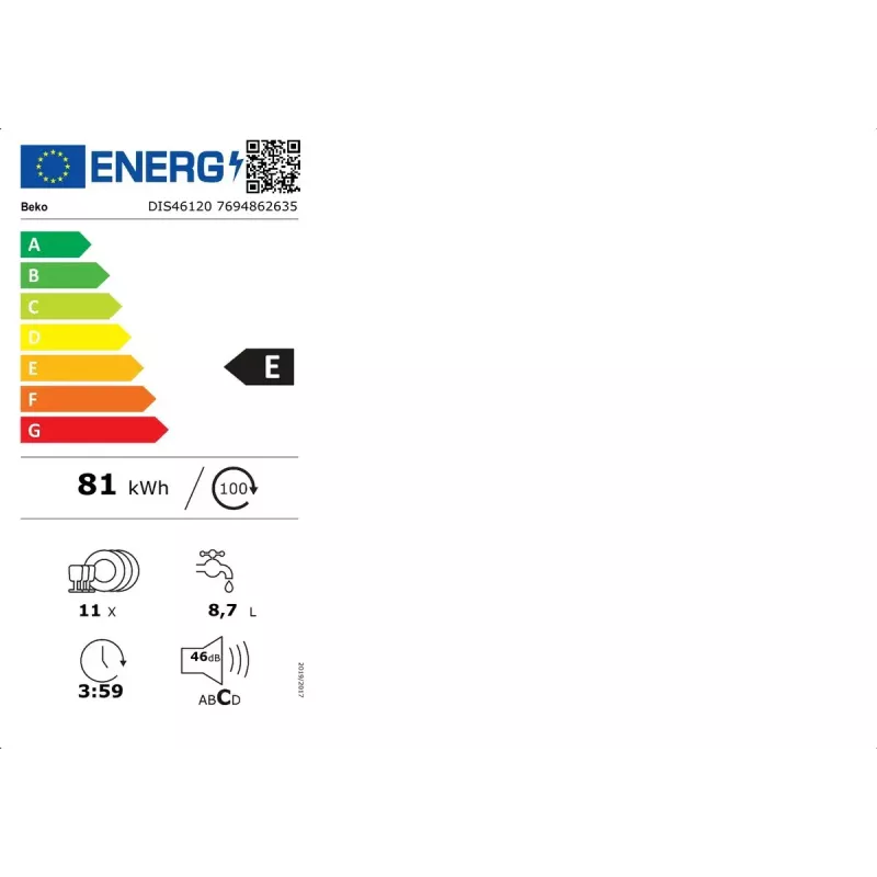 Lavavajillas BEKO DIS46120 totalmente integrable Slimline 45 cm, 11 cubiertos, blanco, 46 dB, clase de eficiencia energética E