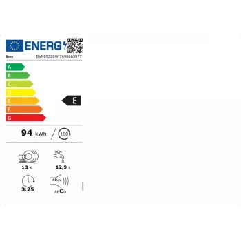 Lavavajillas independiente BEKO DVN05320W — 60 cm de ancho, 13 cubiertos, 49 dB, 5 programas, clase de eficiencia energética E