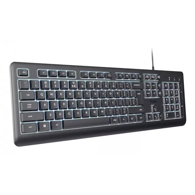 Teclado con cable de tamaño completo TRUST Primo Illuminated USB QWERTZ alemán, 104 teclas, negro, cable de 1,8 m
