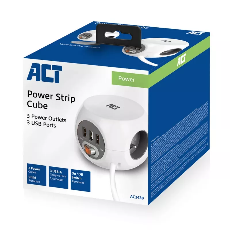 Regleta de alimentación ACT AC2430 — 3 tomas de corriente Type-F, 230 V, 16 A, cable de 1,5 m, blanca