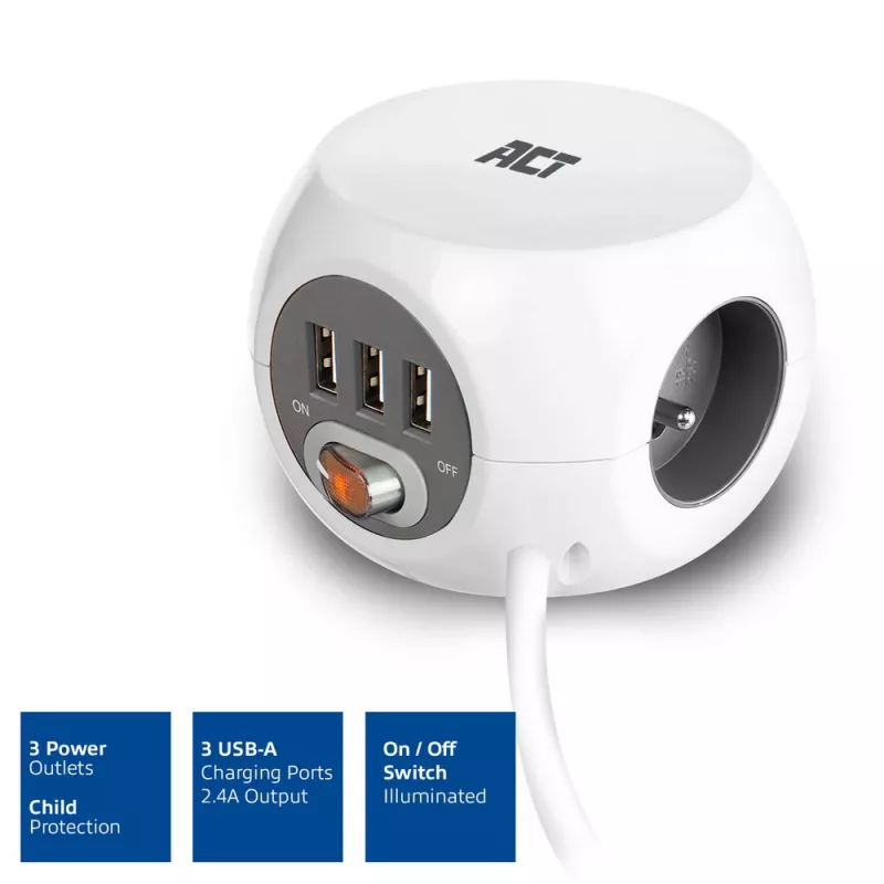 Regleta de alimentación ACT AC2430 — 3 tomas de corriente Type-F, 230 V, 16 A, cable de 1,5 m, blanca