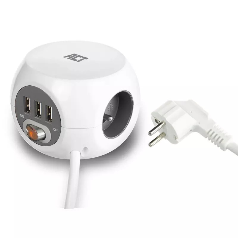 Regleta de alimentación ACT AC2430 — 3 tomas de corriente Type-F, 230 V, 16 A, cable de 1,5 m, blanca